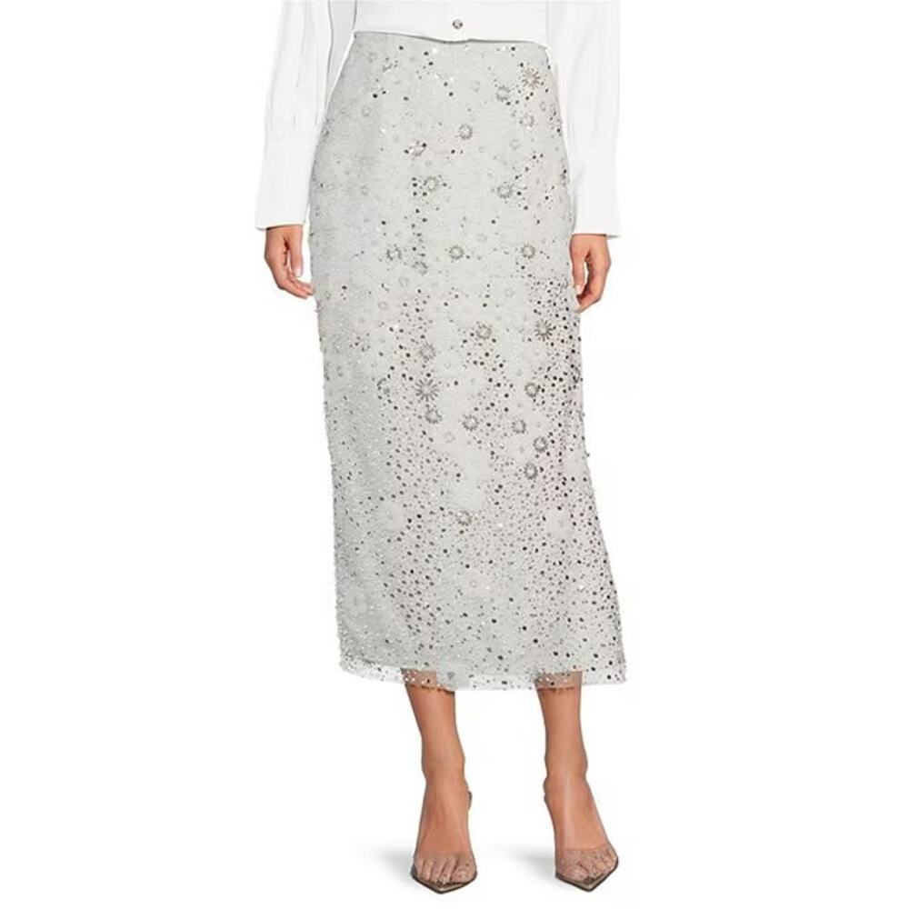 Muse by Marchesa Freesia 3D Embroidery Mesh Floral Midi Pencil‎ Skirt
